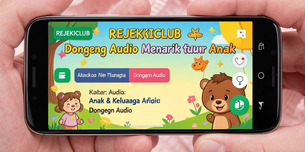 Tampilan antarmuka aplikasi REJEKICLUB dengan fitur dongeng audio.